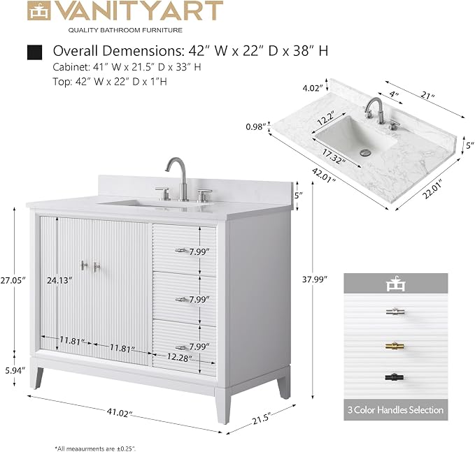 Vanity Art 42" Bathroom Vanity with Single Sink & Arabescato White Engineered Stone Top, Vanity Cabinet with Soft Closing Door, Solid Wood Frame, Golden Brushed Handles, White VA8142-W-GB