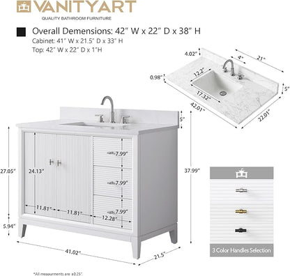 Vanity Art 42" Bathroom Vanity with Single Sink & Arabescato White Engineered Stone Top, Vanity Cabinet with Soft Closing Door, Solid Wood Frame, Golden Brushed Handles, White VA8142-W-GB