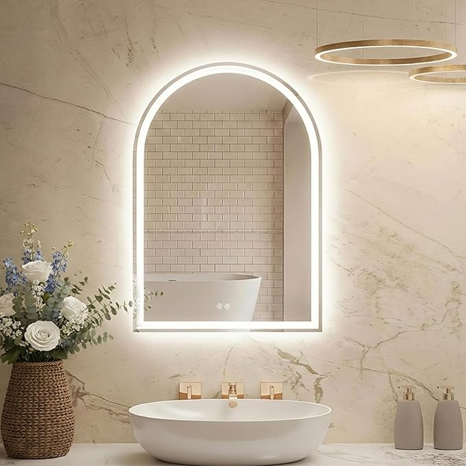 DUMOS 24"×32" LED Bathroom Mirror with Lights, Arched Vanity Mirror with Anti-Fog, Dimmable, 3-Color Light, Memory Function, Tempered Glass