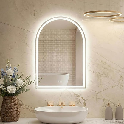 DUMOS 24"×32" LED Bathroom Mirror with Lights, Arched Vanity Mirror with Anti-Fog, Dimmable, 3-Color Light, Memory Function, Tempered Glass