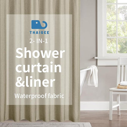 Fabric Long Shower Curtain with Waterproof Layer,72x78,Khaki | 2-in-1 Design,Linen Textured,100% Waterproof TPU-Laminated Backing,Magnetic Weighted,Machine Washable,For Bathroom,Hotel