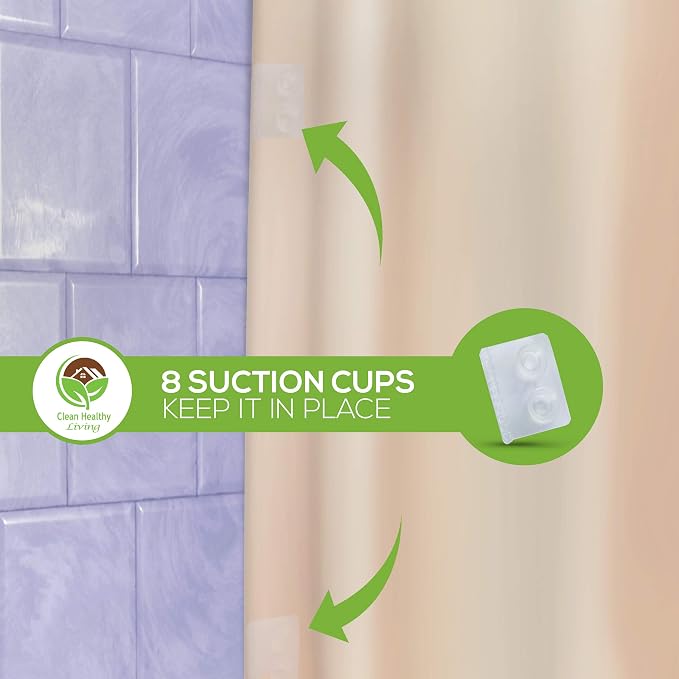 Clean Healthy Living PEVA Shower Curtain Liner, Taupe, 70 x 71 in, Premium | Premium PEVA shower liner, Tan, 70 x 71 in; magnets and suction cups help reduce shifting along the tub or shower.