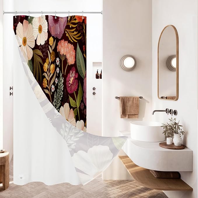 3 in 1 Boho Purple Shower Curtain Set with PEVA Liner & 12 Hooks, 36 x 72 | Boho Tropical Botanical Style, Farmhouse Floral Fabric, Modern Hotel Inspired, Water‑Repellent, Machine Washable