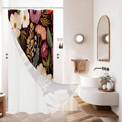 3 in 1 Boho Purple Shower Curtain Set with PEVA Liner & 12 Hooks, 36 x 72 | Boho Tropical Botanical Style, Farmhouse Floral Fabric, Modern Hotel Inspired, Water‑Repellent, Machine Washable