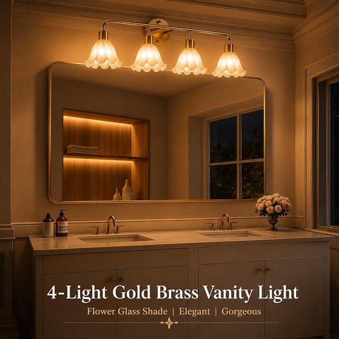 4 Light Gold Brass Bathroom Light Fixture,Brush Gold Vanity Lighting Over Mirror,Cute White Glass Flower Lampshade,Wall Sconces,E26 Socket(Bulbs Not Included)