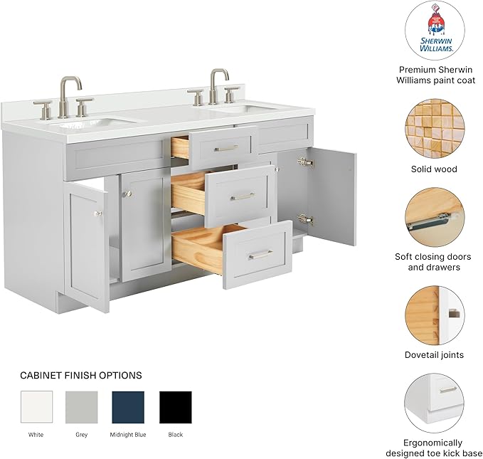 DKB Bradford 72 Inch Bathroom Vanity Double Sink — Grey Bathroom Vanity with Sink, 1.5" Edge Pure White Quartz Countertop & Backsplash, 4 Soft-Close Doors, and 3 Dovetail Drawers