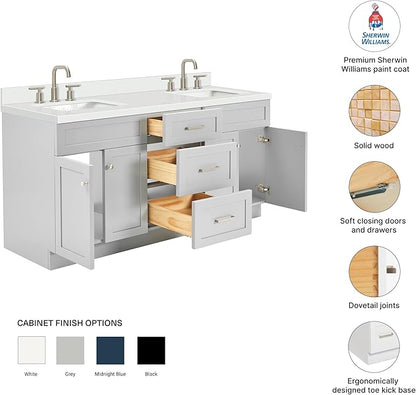 DKB Bradford 72 Inch Bathroom Vanity Double Sink — Grey Bathroom Vanity with Sink, 1.5" Edge Pure White Quartz Countertop & Backsplash, 4 Soft-Close Doors, and 3 Dovetail Drawers