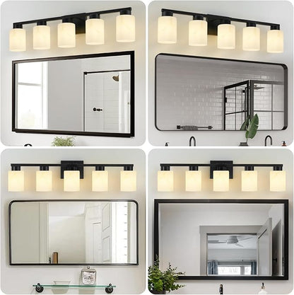 5-Light Bathroom Light Fixtures, Modern Vanity Lights, Black Metal Wall Lamp with White Marble Glass for Bathroom, Mirror, Living Room, Bedroom, Cabinet, Porch, Hallway, E26 Base