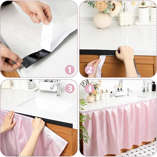 Fabric Sink Skirt Diamond Bathroom Stitch Self Stick Adhesive Waterproof Fabric Under Sink Curtain Skirt 55 x 32 Inch Adds Bathroom Storage(Pink,Fashion Style)
