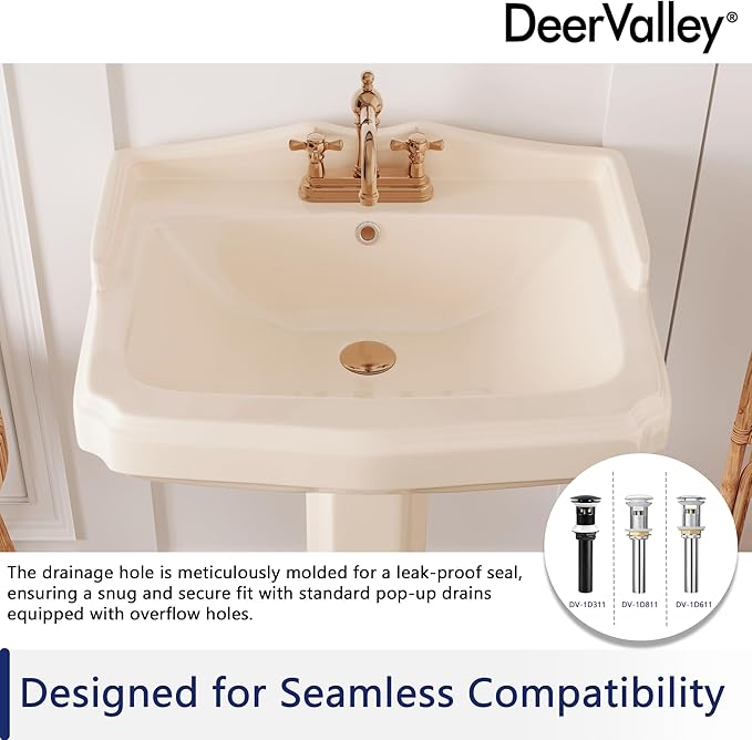 DeerValley 23x19 Inch Bone Pedestal Sink Combo, Ceramic Pedestal Sink for Bathroom with Overflow and 3 Faucet Holes, DV-1P522BN