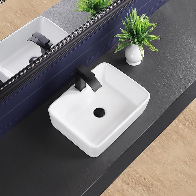 Vessel Sink 19"x15" Rectangular Bathroom Sink Modern White Porcelain Ceramic Above Counter Drop-in Vanity Sink for Bathrooms Art Basin with Faucet Hole