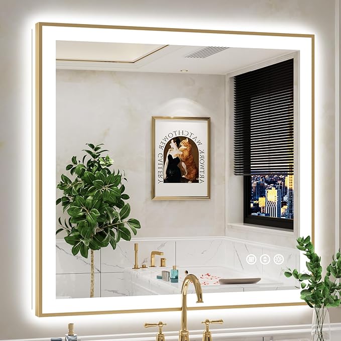 40x38 Inch LED Bathroom Mirror with Lights (Front Lit and Backlit) Gold Framed Lighted Vanity Mirror for Bathroom Wall Dimmable Anti-Fog Memory Tempered Glass Horizontal/Vertical