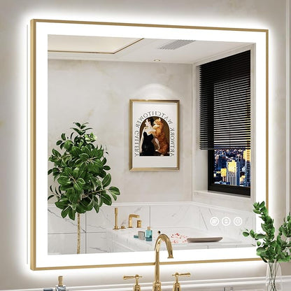 40x38 Inch LED Bathroom Mirror with Lights (Front Lit and Backlit) Gold Framed Lighted Vanity Mirror for Bathroom Wall Dimmable Anti-Fog Memory Tempered Glass Horizontal/Vertical