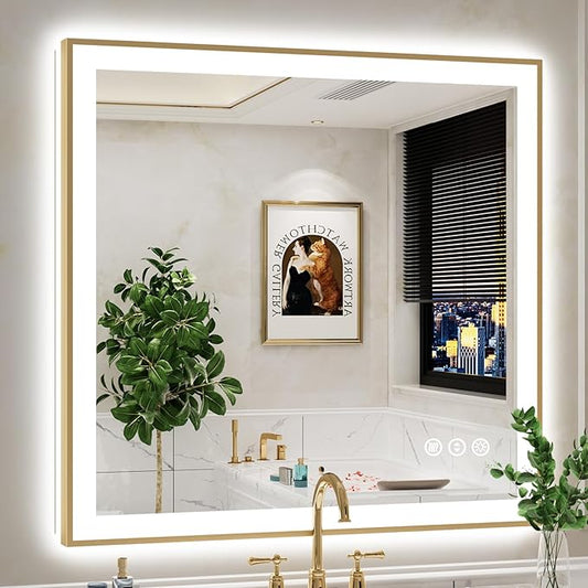 40x38 Inch LED Bathroom Mirror with Lights (Front Lit and Backlit) Gold Framed Lighted Vanity Mirror for Bathroom Wall Dimmable Anti-Fog Memory Tempered Glass Horizontal/Vertical