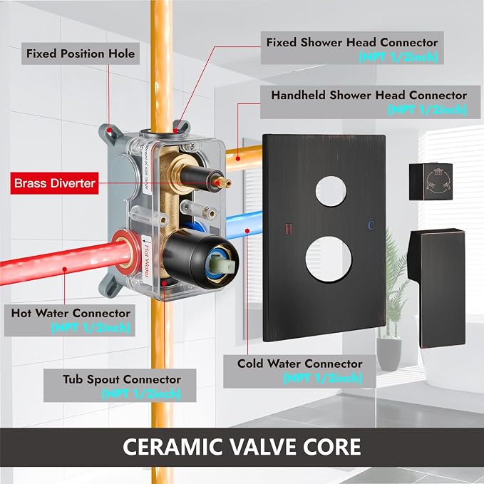 Midanya Shower System with Tub Spout,12 Inch Shower Head,Oil Rubbed Bronze | with Valve & Trim Kit,Square Rain Head,Handheld Sprayer,Waterfall Spout,All Metal Wall Mount Bathroom Shower Tub Faucet Set