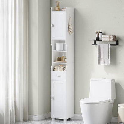 Bathroom Storage Cabinet, Tall Bathroom Cabinet, Freestanding Floor Cabinets with 2 Doors and 1 Drawer, Toilets Organizer with Adjustable Shelf, 1 Hook for Living Room, Kitchen, White 480013X