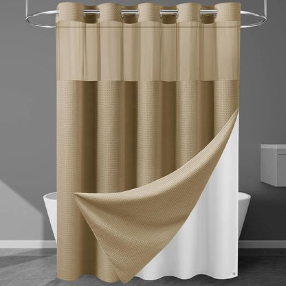 EUTXL Heavyweight No Hook Shower Curtain with Liner, Beige,71x86 | Snap in Liner, 256GSM Thick Waffle Fabric, Hotel Luxury Spa, Corner Magnets, Quick Dry, Waterproof & Washable, Extra Long