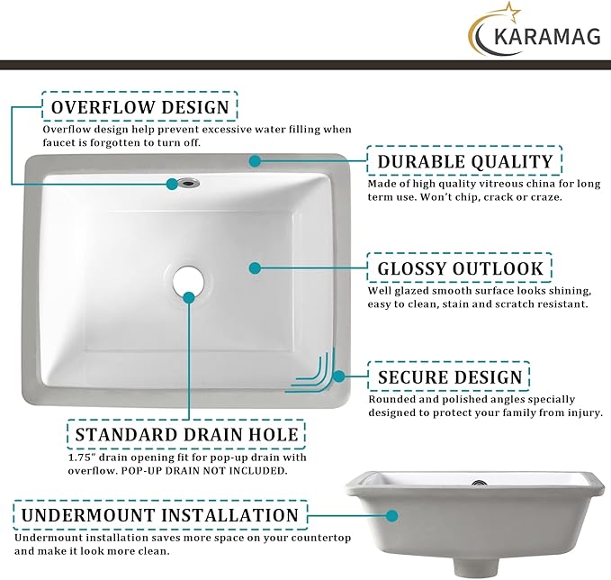 20 Inch Undermount Bathroom Sink Rectangle Undermount Sink White Ceramic Under Counter Bathroom Sinks with Overflow (19.7"x15.7")