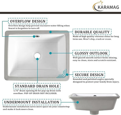 20 Inch Undermount Bathroom Sink Rectangle Undermount Sink White Ceramic Under Counter Bathroom Sinks with Overflow (19.7"x15.7")