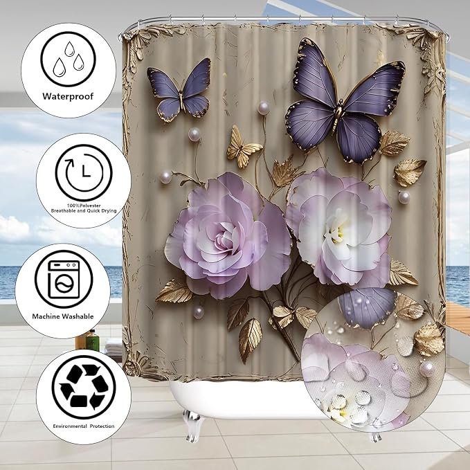 Chrainy 4pcs Vintage Butterfly Shower Cutain Set Bathroom Decor with Rugs | Bath Accessories with Waterproof Curtain, Bath Mat, Toilet Lid Cover, U-Shaped Rug and 12 Hooks for Washroom, 71*71in