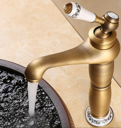 Vintage Bathroom Faucet, Antique Brass Sink, Hot and Cold Mixer Tap, Single Handle, Gold(Black B)