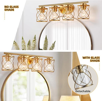 4-Lights Bathroom Vanity Lights, Bathroom Light Fixtures Over Mirror, Brushed Gold Vanity Light, Farmhouse Wall Lights with Clear Glass Shade, Bathroom Wall Lamp for Mirror Kitchen Bedroom