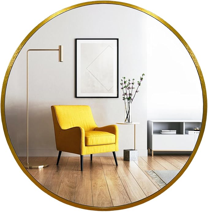 Round Mirror, 24 inch Glold Circle Mirror, Bruhsed Gold Metal Frame | High Definition,Waterproof,Rust-resistant, Round Mounted Mirrors for Bathroom,Living Room,Bedroom,Hallyway,Vanity,Wall Décor