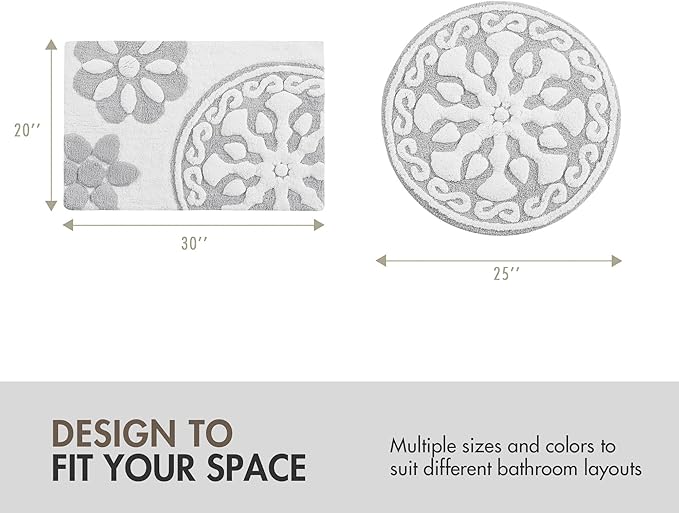 Madison Park Casablanca 100% Cotton Tufted Bathroom Rugs Luxurious Plush Medallion Floral Pattern Bath Mat Absorbent, Quick Dry, Spa Design Shower Room Décor, Rectangle 20" x 30", Grey