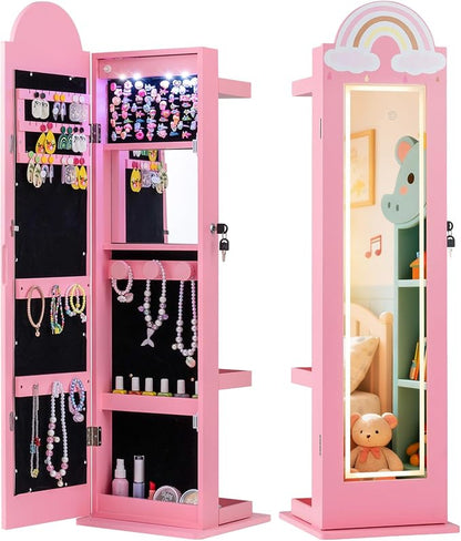 HONEY JOY Kids Jewelry Cabinet with LED Lights, Rainbow Standing Jewelry Armoire w/Full-Length Mirror & Makeup Mirror, Ring Slot, Lockable Princess Jewelry Organizer Storage for Toddler Girls(Pink)