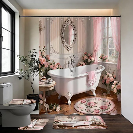 DDQQ 4 Pcs Pink Rose Shower Curtain Floral Bathroom Sets with Shower Curtain and Rugs Romantic Flowers Shower Curtain Set Women Bathroom Decor Bathroom Rug Set Toilet Lid Cover Hooks