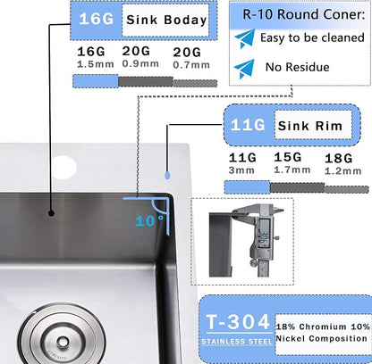 VCCUCINE Bar Sink Drop in,18 x 18 Inch Topmount RV Small Kitchen Sink,Handmade Stainless Steel Wet Bar Sink,Outdoor Single Bowl,Brushed Nickel Prep Sink with Drain