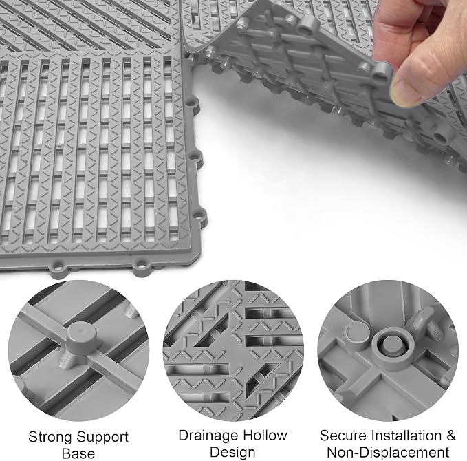 Modular Interlocking Cushion 12 Pack 11.8" x 11.8" Rubber Floor Tiles Non-Slip Splicing Drainage Mats for Deck, Pool, Shower, Patio, Balcony, Bathroom, Kitchen, Yard (Diagonal, Gray)