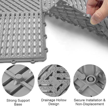 Modular Interlocking Cushion 12 Pack 11.8" x 11.8" Rubber Floor Tiles Non-Slip Splicing Drainage Mats for Deck, Pool, Shower, Patio, Balcony, Bathroom, Kitchen, Yard (Diagonal, Gray)