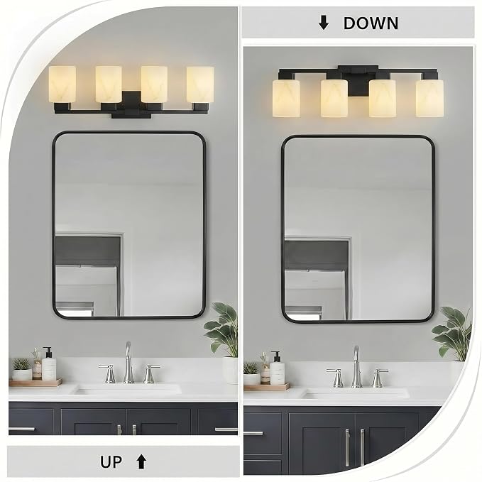 4-Light Square Bathroom Light Fixture, Black Modern Vanity Light with White Marble Glass Shade, for Bathroom Mirror, Living Room, Bedroom, Hallway, E26 Base