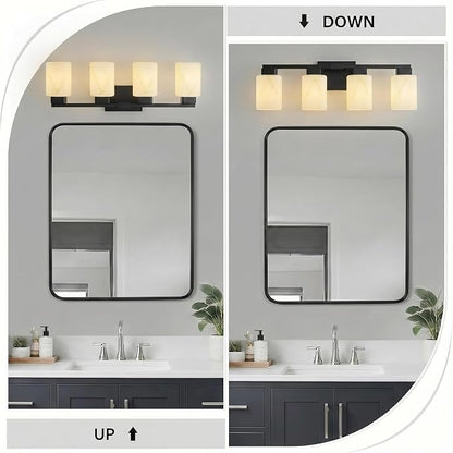 4-Light Square Bathroom Light Fixture, Black Modern Vanity Light with White Marble Glass Shade, for Bathroom Mirror, Living Room, Bedroom, Hallway, E26 Base