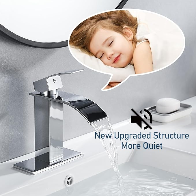 Chrome Bathroom Faucets Waterfall Modern Single Handle Bathroom Sink Faucet 1 Hole with 3 Hole Deck Plate, Vanity Rv Camper Farmhouse Bathroom Faucet