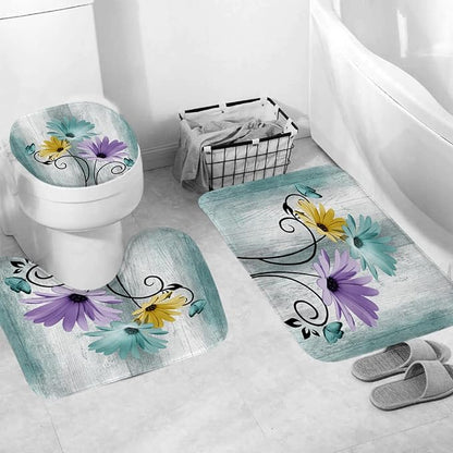 Onalasyc 4PCS Blue Green Daisy Bathroom Sets with Shower Curtain and Rugs | Country Floral Butterfly Shower Curtain Set,Modern Bathroom Decor Shower Curtains Set with Rugs Toilet Lid Cover and 12 Hooks