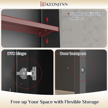 Keonjinn 16" x 24" Bathroom Medicine Cabinet with Mirror, Black, Assembled | Adjustable Shelves, Aluminum Framed, Recessed or Surface Wall-Mounted, Metal Bathroom Vanity Mirror with Storage Cabinet