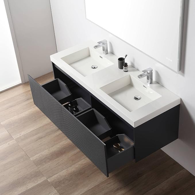 Blossom 60 Inch Double Sink Bathroom Vanity, All Wood Wall Mounted Floating Bathroom Vanity Cabinet with Acrylic Sink, Bathroom Sink Cabinet with Soft-Close Drawers, Modern Vanities, Night Blue