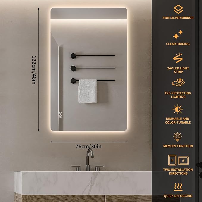 LAIYA 48"L x 32"W Rectangular LED Bathroom Mirror with Lights, HD, Anti-Fog | Dimmable LED Bathroom Mirror with Lights, Frameless Anti-Fog Vanity Mirror, HD Silver, Horizontal/Vertical Installation.