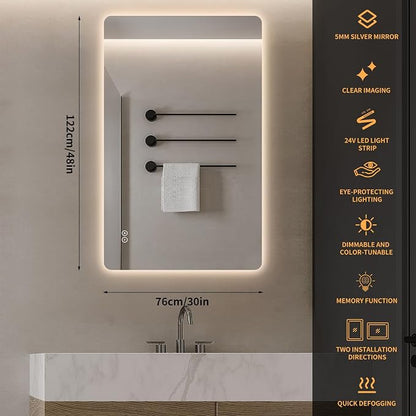 LAIYA 48"L x 32"W Rectangular LED Bathroom Mirror with Lights, HD, Anti-Fog | Dimmable LED Bathroom Mirror with Lights, Frameless Anti-Fog Vanity Mirror, HD Silver, Horizontal/Vertical Installation.