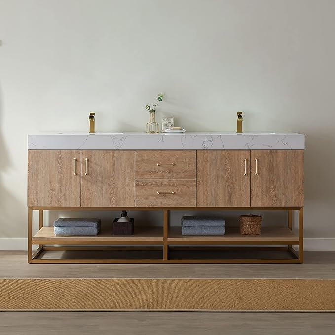 Vinnova Alistair 72" Double Sink Bathroom Vanity in North American Oak, Pre-assembled, with White Grain Stone Countertop Without Mirror