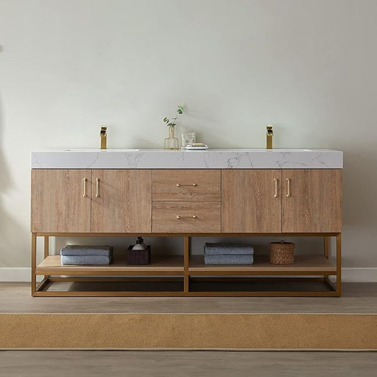 Vinnova Alistair 72" Double Sink Bathroom Vanity in North American Oak, Pre-assembled, with White Grain Stone Countertop Without Mirror
