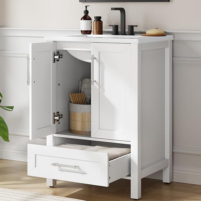 IDEALHOUSE 24 Freestanding Bathroom Vanity with Sink,Bathroom Cabinet | White Bathroom Vanity With Sink & Adjustable Foot, Storage Cabinet With Ceramic Basin, Soft-Close Door & Drawer, Mdf
