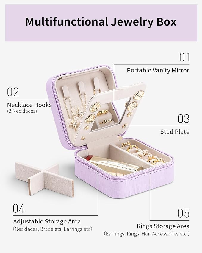 VLANDO Travel Jewelry Case with Mirror, Storage 3 Pairs of Stud Earrings | Necklace Hook for Anti-tangle, Removable Dividers, Waterproof PU Leather,Portable Storage for Rings, Necklace Gifts for Women