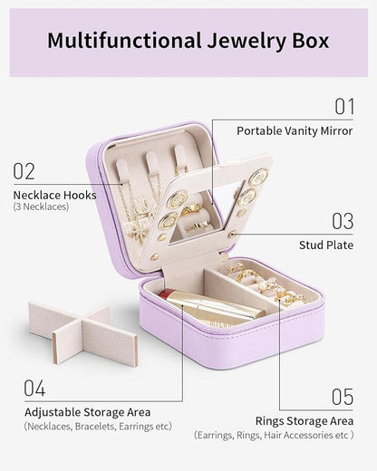 VLANDO Travel Jewelry Case with Mirror, Storage 3 Pairs of Stud Earrings | Necklace Hook for Anti-tangle, Removable Dividers, Waterproof PU Leather,Portable Storage for Rings, Necklace Gifts for Women
