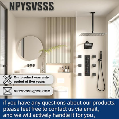 Black Shower Faucet Set Dual Shower Heads with 16" Ceiling Mounted Rain Shower Head & 6" Wall Mounted Head 4 Function Full Body Shower System with body jets,Matte Black