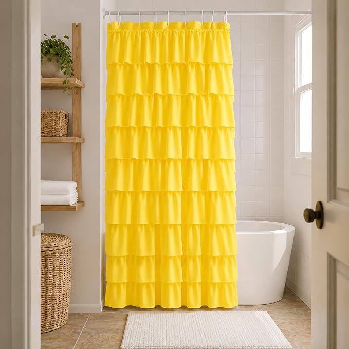 Yellow Shower Curtains for Bathroom, 36x72 Inch, Cascading Tiered Ruffles | Soft Ruffled Edge Detailing, 36 x 72, Delicate Ruched Microfiber Texture, 12 Hooks Included, Machine Washable, Bathroom Focal