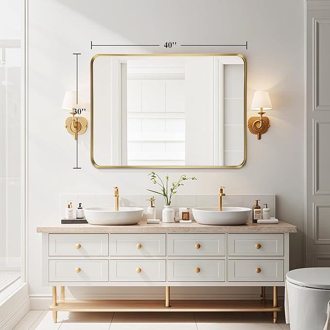 Fabuday Gold Bathroom Mirror 40x30 Inch - Large Brushed Metal Frame Mirror Over Sink, Rectangular Wall Mounted Vanity Mirror for Bedroom, Living Room, Farmhouse Style, Heavy-Duty Hooks
