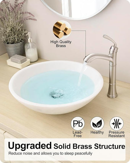 Brass Vessel Sink Faucet Brushed Nickel, Single Handle Tall Faucet for Bathroom Sink One Hole with Pop-Up Drain & Water Hoses, Save Water